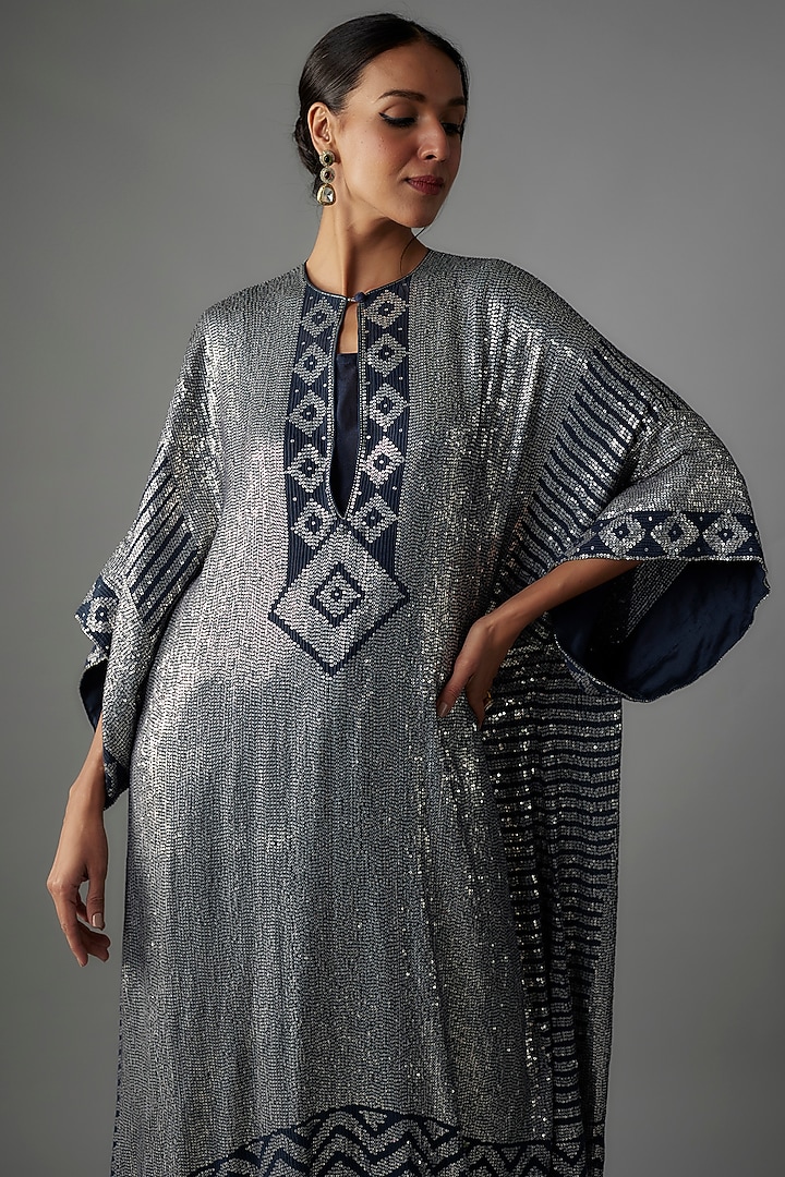 Classic Blue Chiffon Sequins Embroidered Kurta Set by Nakul Sen at Pernia's Pop Up Shop