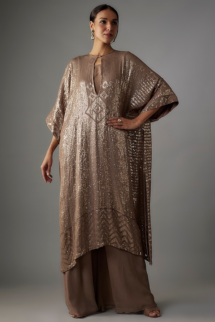 Mouse Colored Chiffon Sequins Embroidered Kurta Set by Nakul Sen