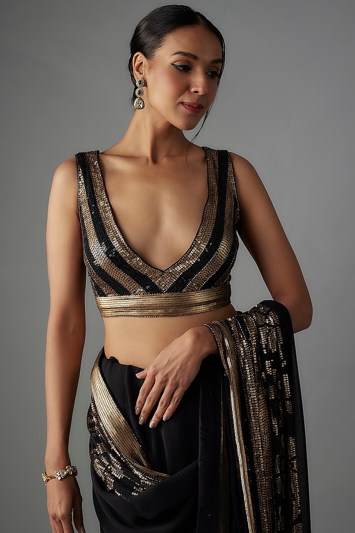 Black Chiffon Sequins Embroidered Reception Saree Set by Nakul Sen at Pernia's Pop Up Shop