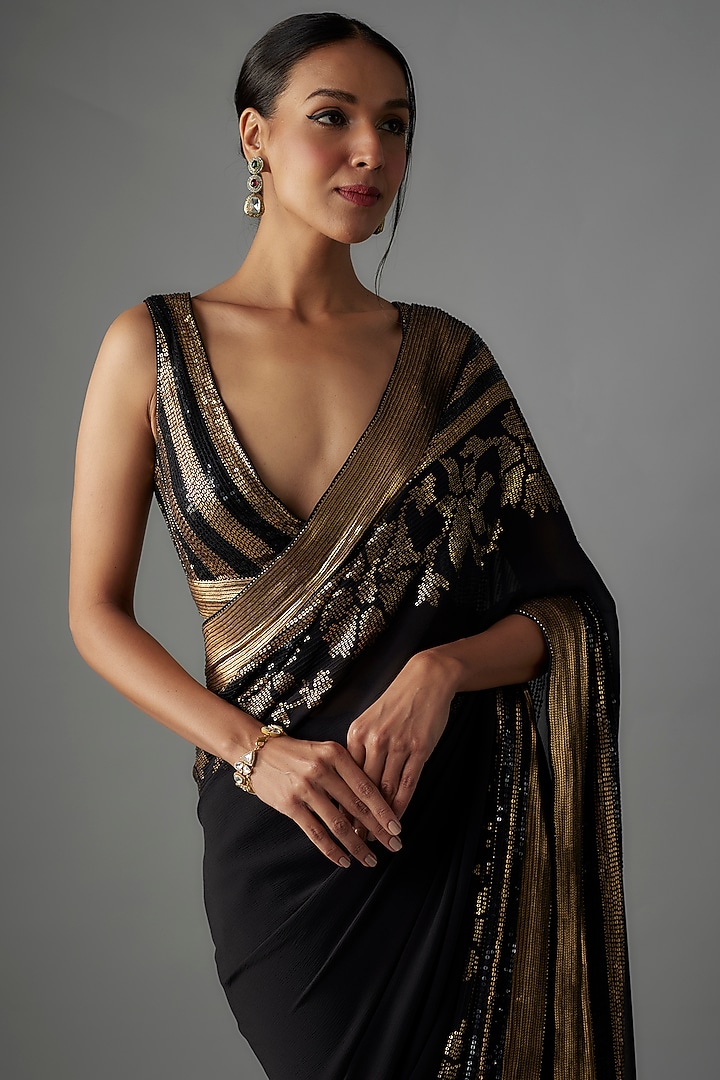 Black Chiffon Sequins Embroidered Reception Saree Set by Nakul Sen at Pernia's Pop Up Shop