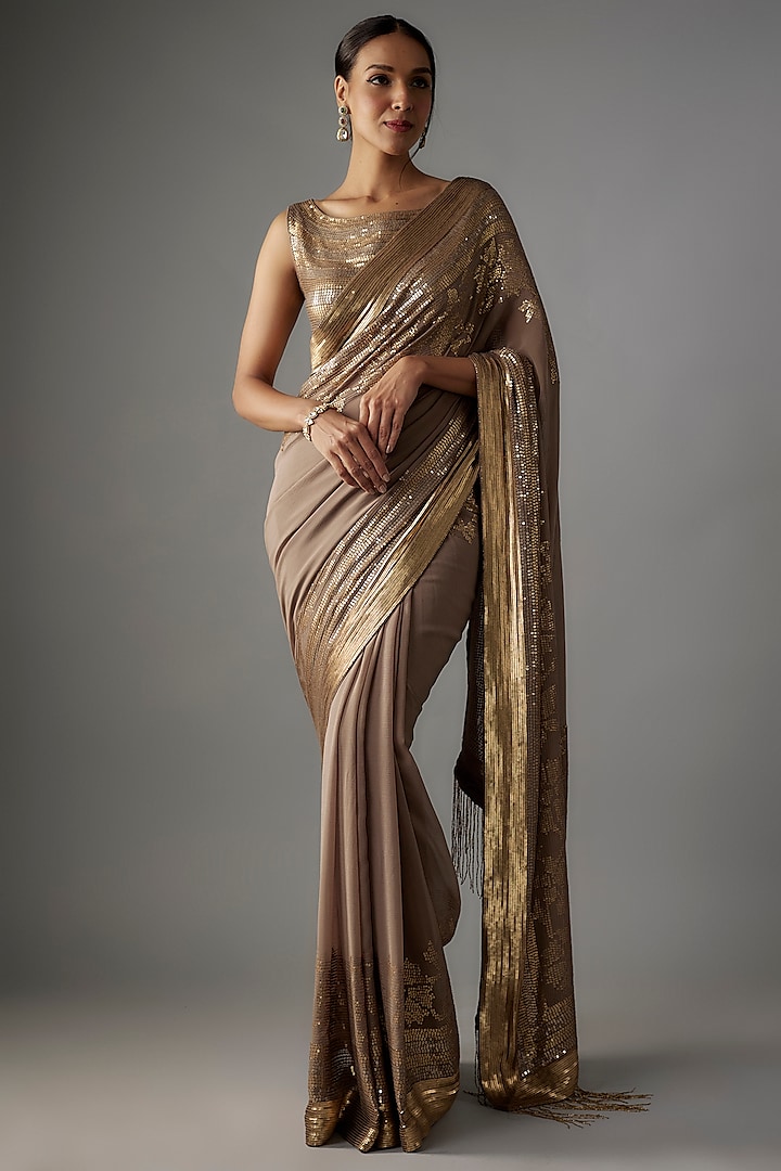 Mouse Colored Chiffon Sequins Embroidered Saree Set by Nakul Sen