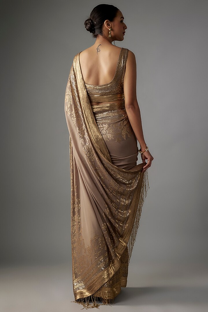 Mouse Colored Chiffon Sequins Embroidered Reception Saree Set by Nakul Sen at Pernia's Pop Up Shop