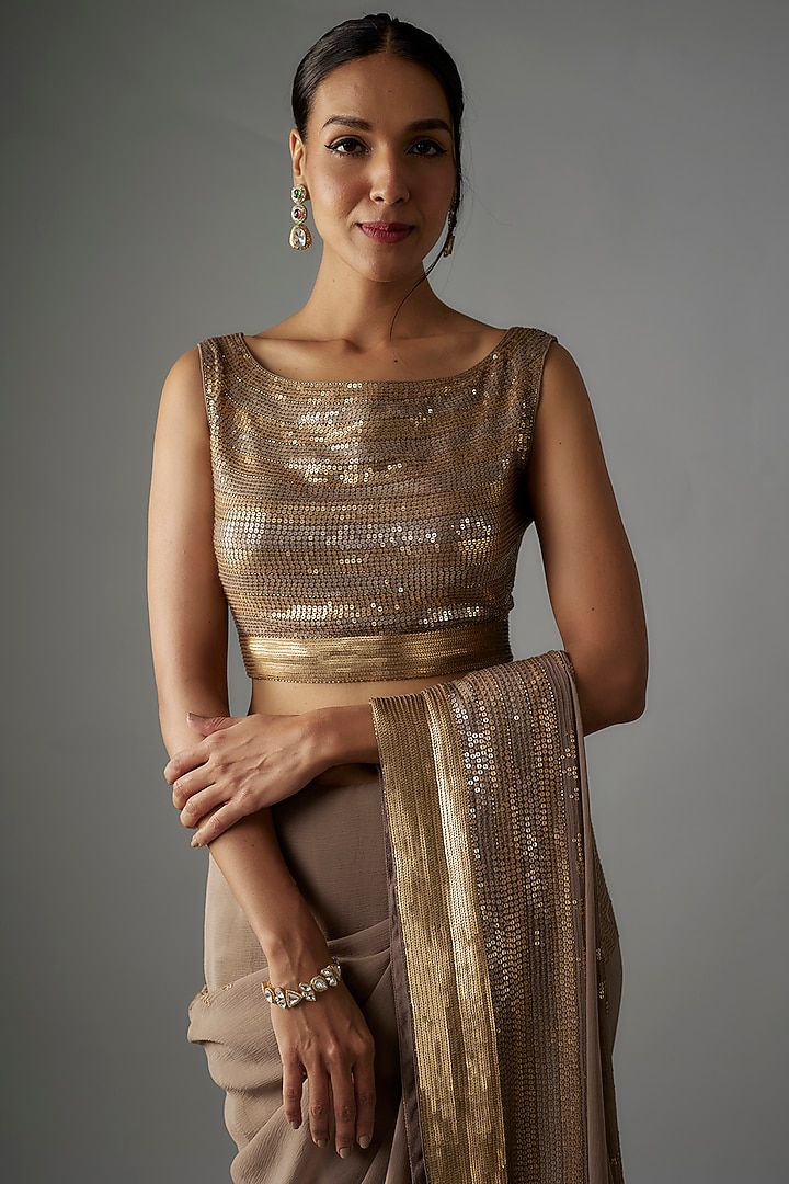 Mouse Colored Chiffon Sequins Embroidered Reception Saree Set by Nakul Sen at Pernia's Pop Up Shop