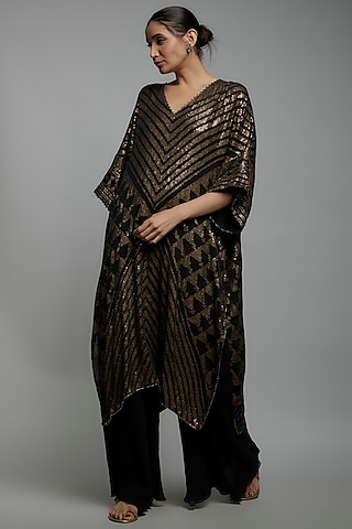 Black Chiffon Sequins Embroidered Kurta Set by Nakul Sen