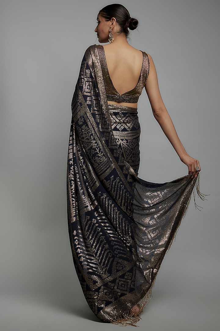 Navy Blue Chiffon Sequins Embroidered Bridal Saree Set by Nakul Sen at Pernia's Pop Up Shop