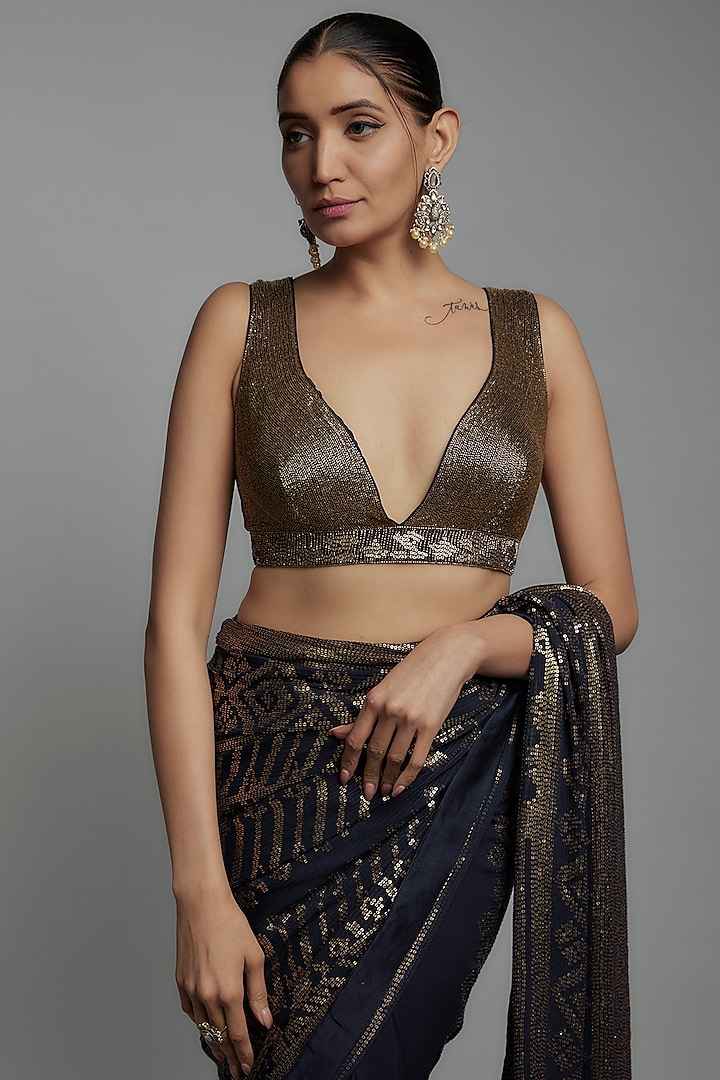 Navy Blue Chiffon Sequins Embroidered Bridal Saree Set by Nakul Sen at Pernia's Pop Up Shop
