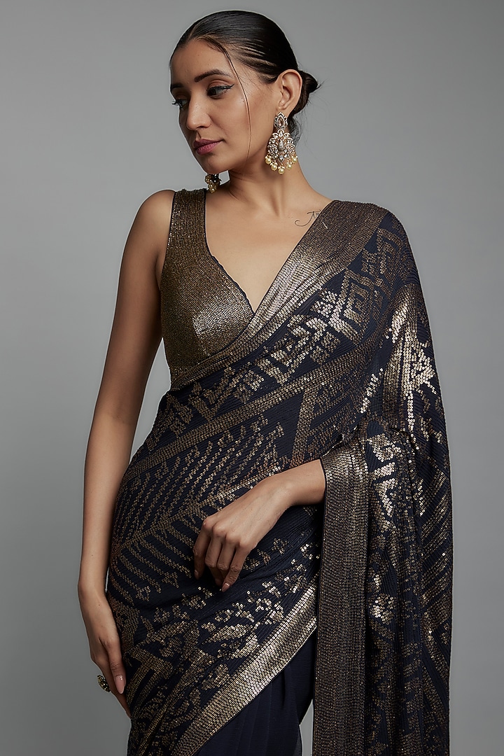 Navy Blue Chiffon Sequins Embroidered Bridal Saree Set by Nakul Sen at Pernia's Pop Up Shop