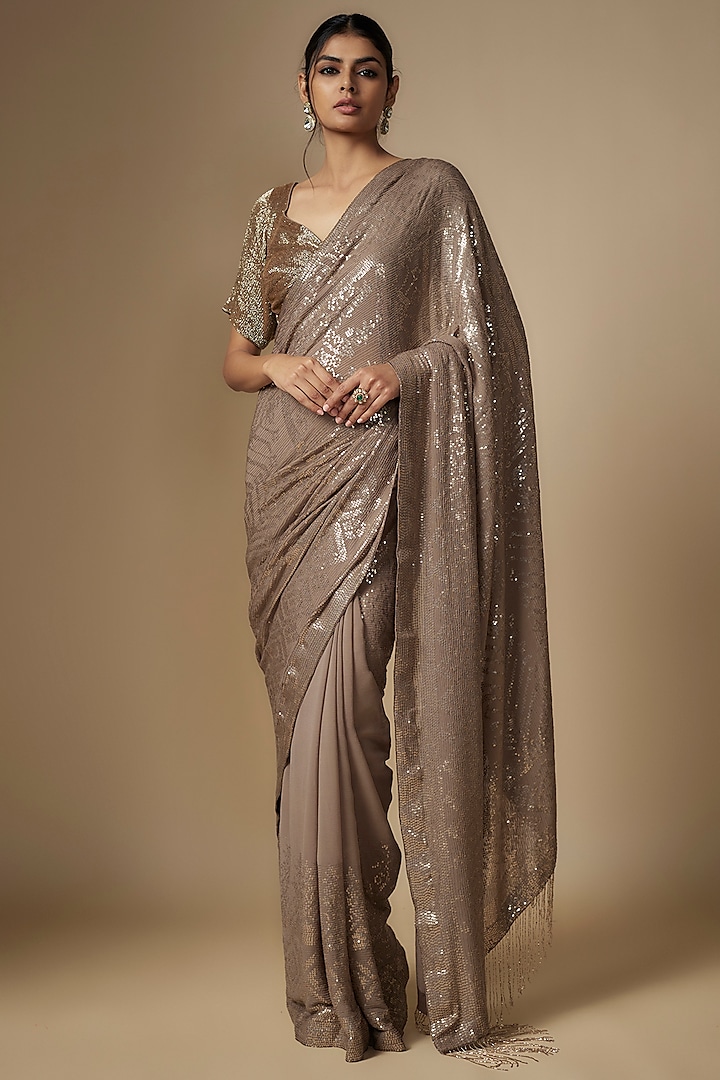 Mouse Chiffon Sequins Embroidered Saree Set by Nakul Sen