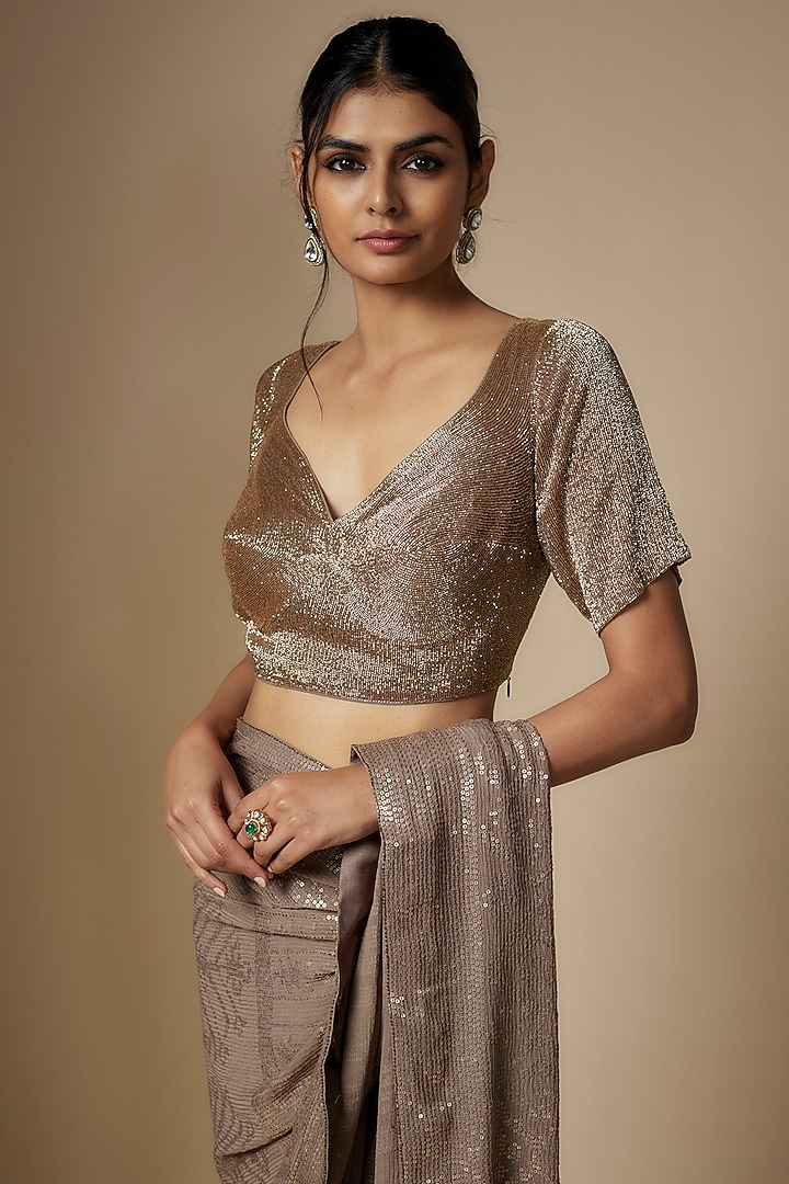 Mouse Chiffon Sequins Embroidered Bridal Saree Set by Nakul Sen at Pernia's Pop Up Shop