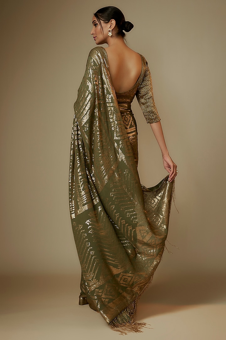 Army Green Chiffon Sequins Embroidered Bridal Saree Set by Nakul Sen at Pernia's Pop Up Shop