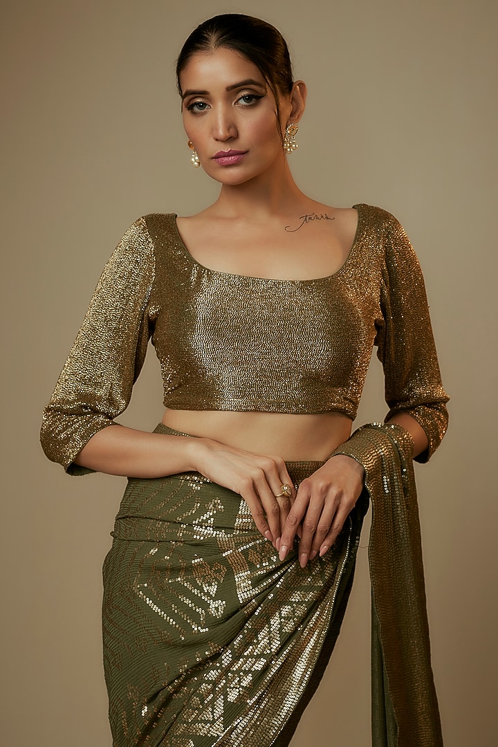Army Green Chiffon Sequins Embroidered Bridal Saree Set by Nakul Sen at Pernia's Pop Up Shop