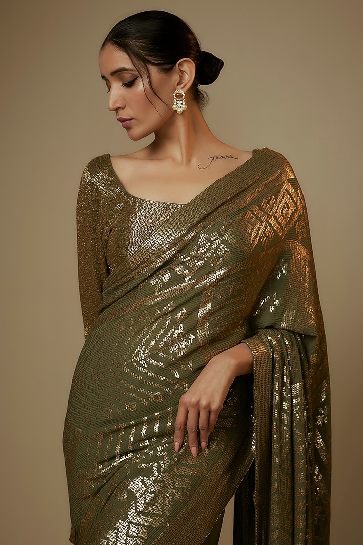 Army Green Chiffon Sequins Embroidered Bridal Saree Set by Nakul Sen at Pernia's Pop Up Shop