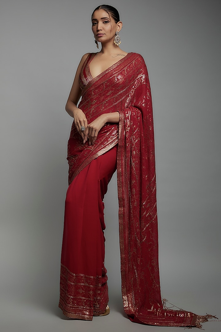 Red Chiffon Sequins Embroidered Saree Set by Nakul Sen