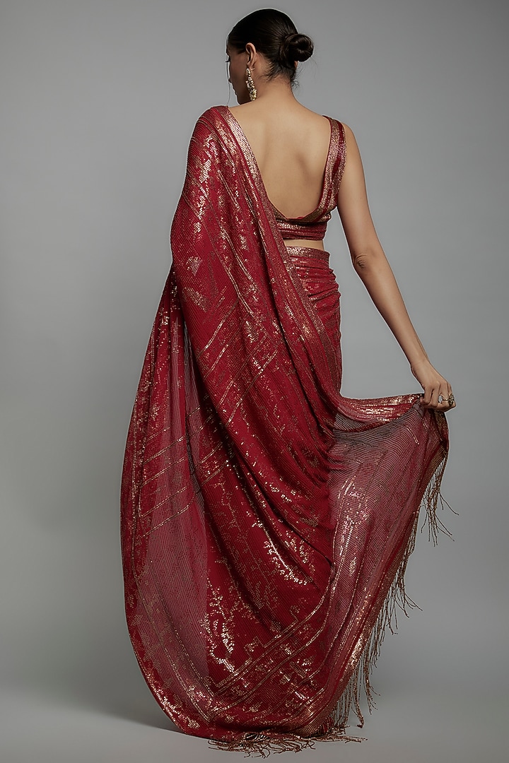 Red Chiffon Sequins Embroidered Bridal Saree Set by Nakul Sen at Pernia's Pop Up Shop