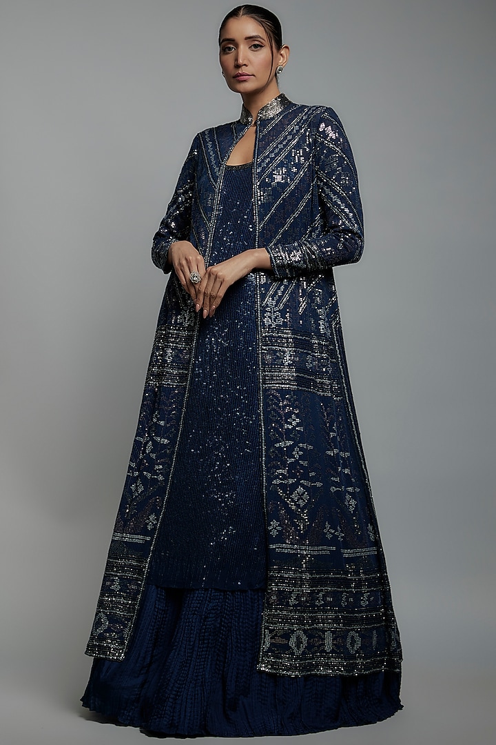 Blue Sequins Embroidered Jacket Set by Nakul Sen at Pernia's Pop Up Shop