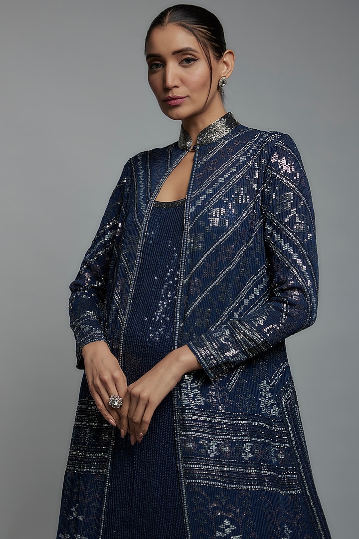 Blue Sequins Embroidered Jacket Set by Nakul Sen at Pernia's Pop Up Shop