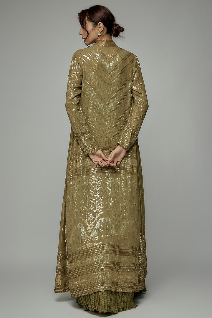 Olive Chiffon Sequins Embroidered Jacket Set by Nakul Sen at Pernia's Pop Up Shop