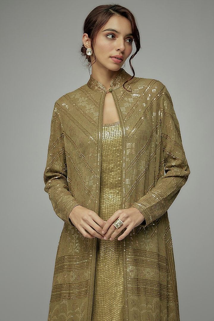 Olive Chiffon Sequins Embroidered Jacket Set by Nakul Sen at Pernia's Pop Up Shop