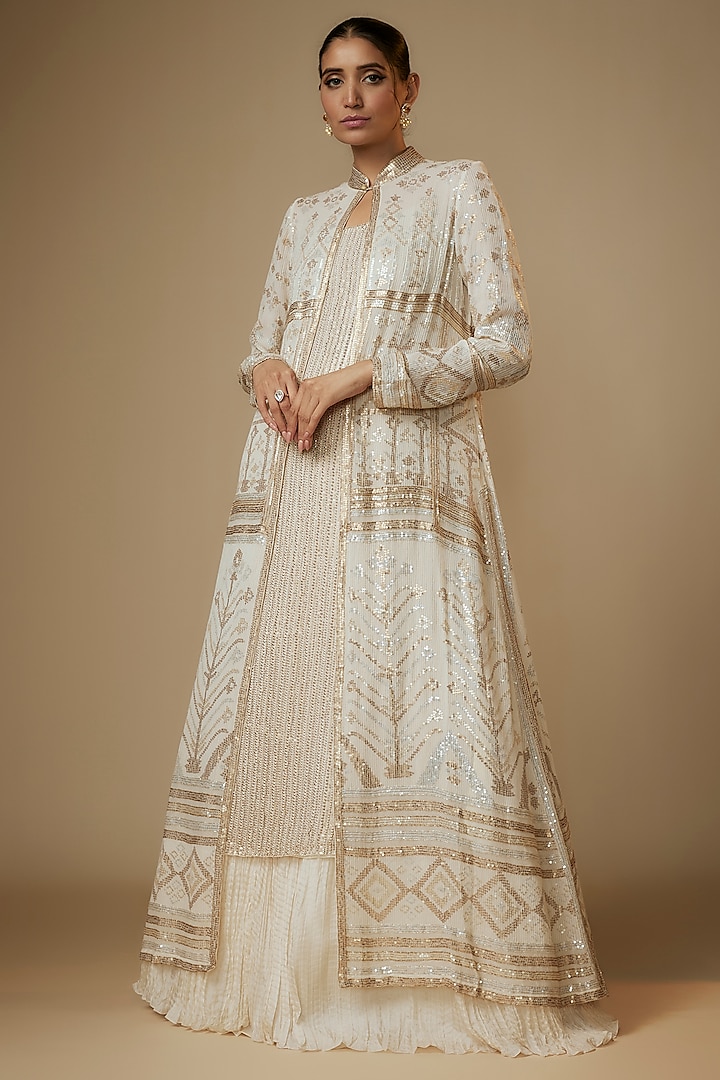 Ivory Chiffon Sequins Embroidered Jacket Set by Nakul Sen at Pernia's Pop Up Shop