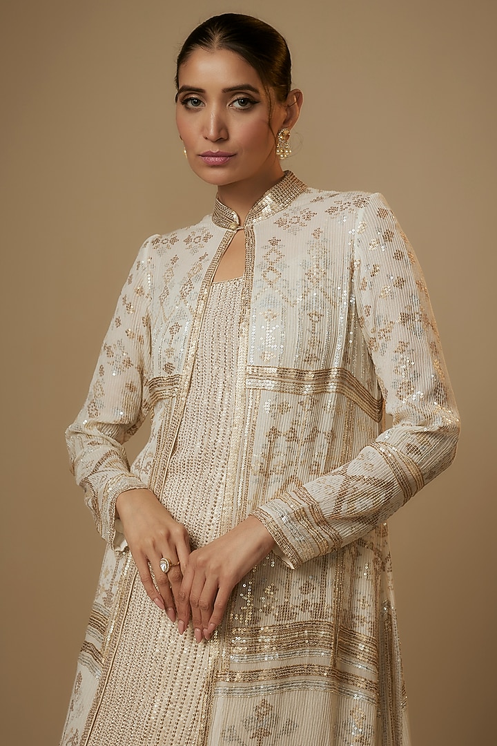Ivory Chiffon Sequins Embroidered Jacket Set by Nakul Sen at Pernia's Pop Up Shop