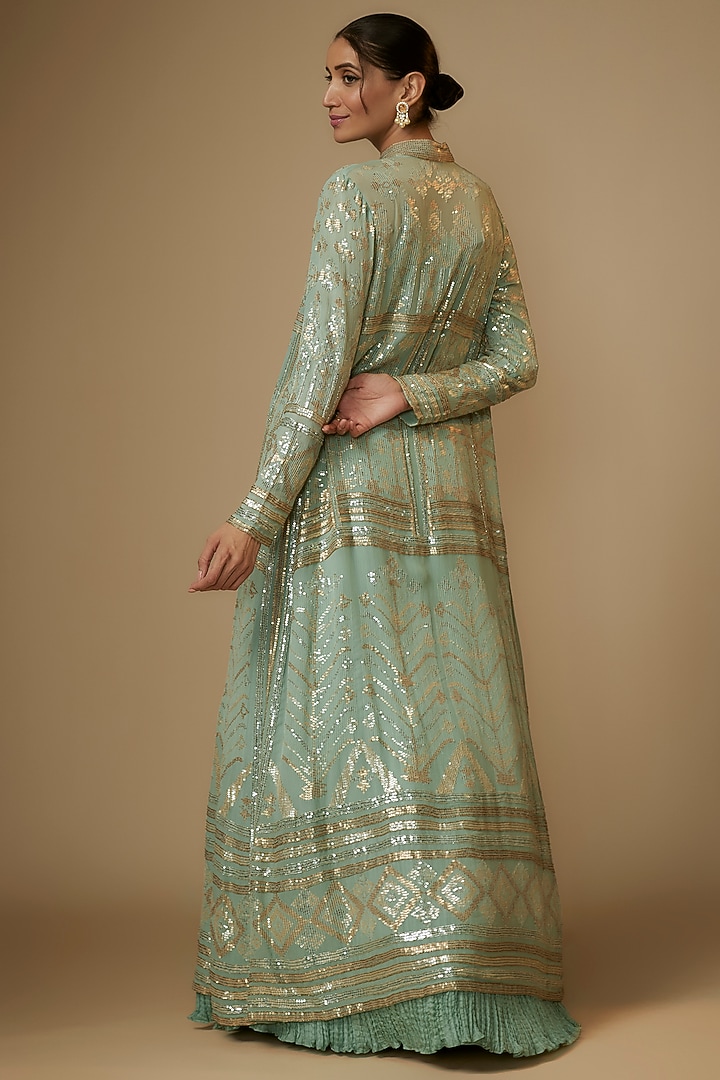 Porcelain Blue Chiffon Sequins Embroidered Jacket Set by Nakul Sen at Pernia's Pop Up Shop