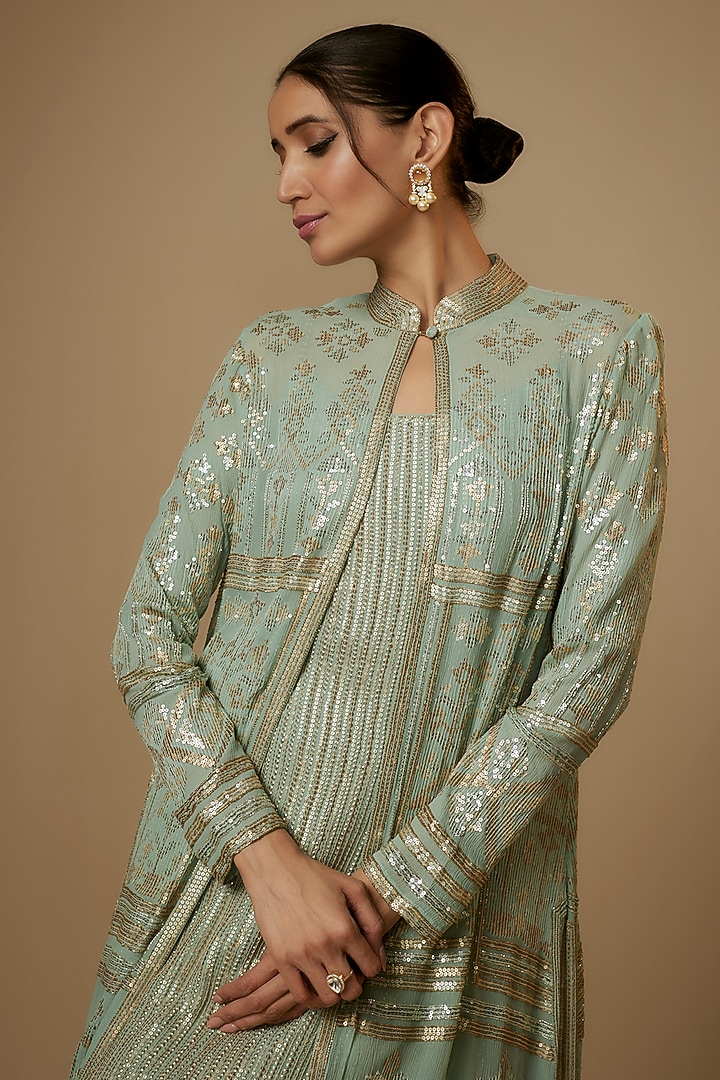 Porcelain Blue Chiffon Sequins Embroidered Jacket Set by Nakul Sen at Pernia's Pop Up Shop