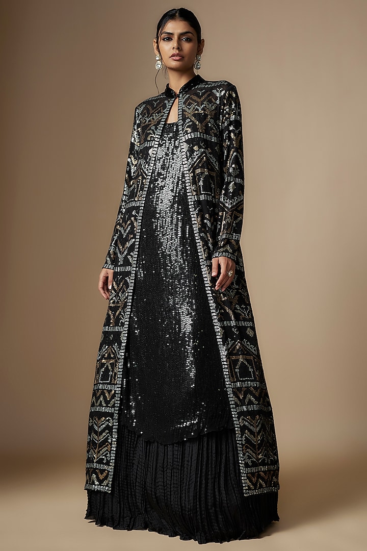 Black Chiffon Sequins Embroidered Jacket Set by Nakul Sen