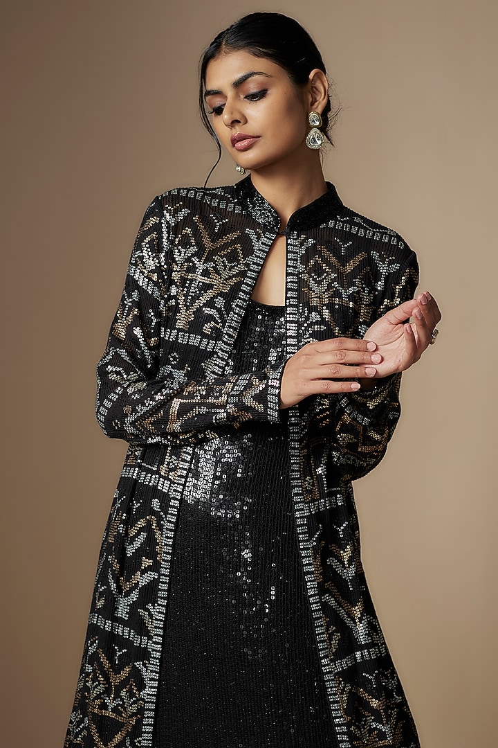 Black Chiffon Sequins Embroidered Jacket Set by Nakul Sen at Pernia's Pop Up Shop