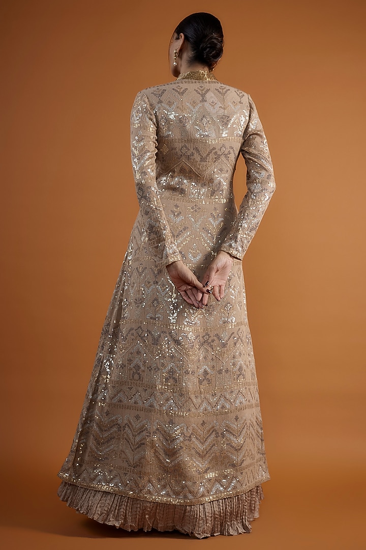 Beige Chiffon Sequins Embroidered Jacket Set by Nakul Sen at Pernia's Pop Up Shop