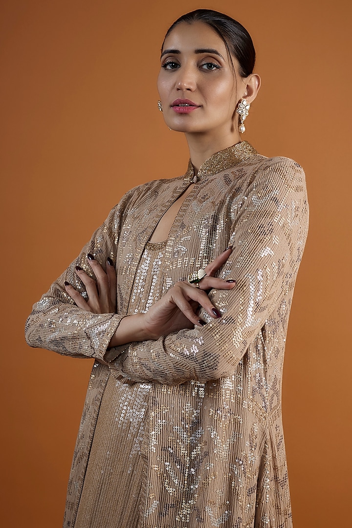 Beige Chiffon Sequins Embroidered Jacket Set by Nakul Sen at