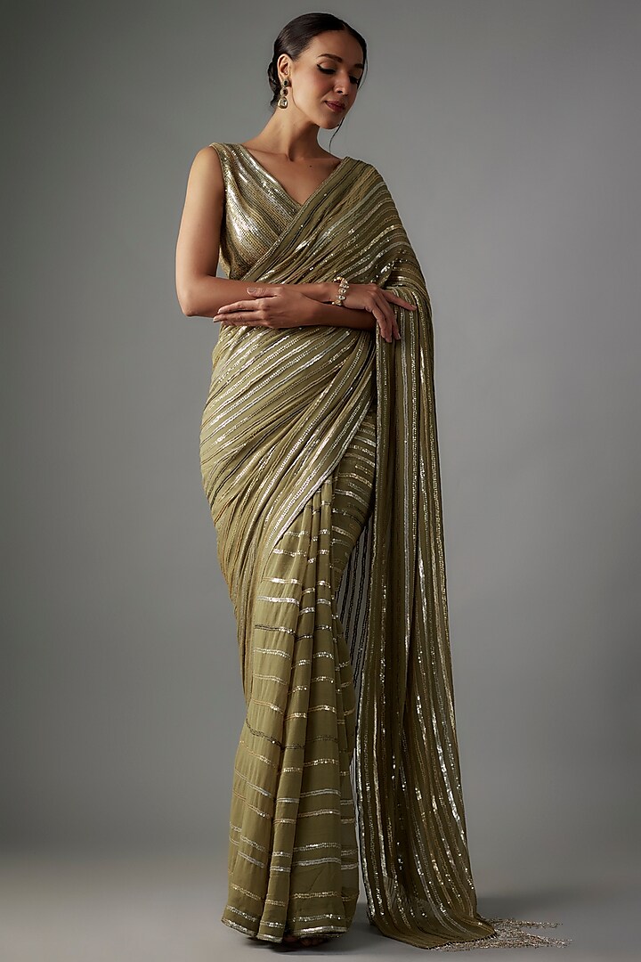 Olive Green Chiffon Sequins Embroidered Saree Set by Nakul Sen