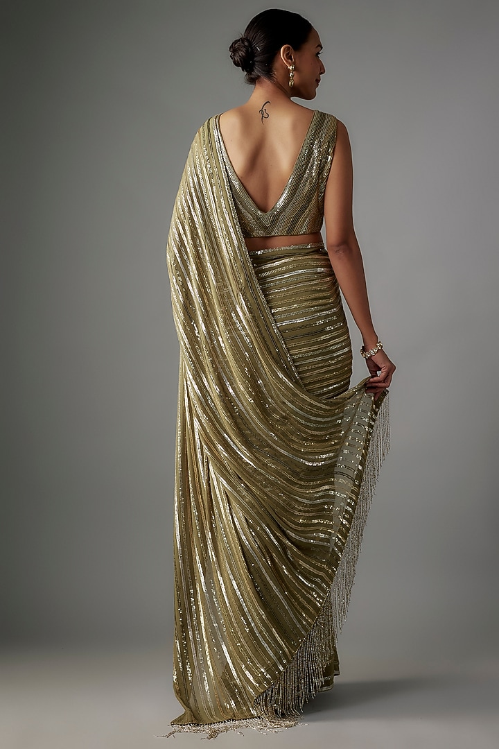 Olive Green Chiffon Sequins Embroidered Reception Saree Set by Nakul Sen at Pernia's Pop Up Shop