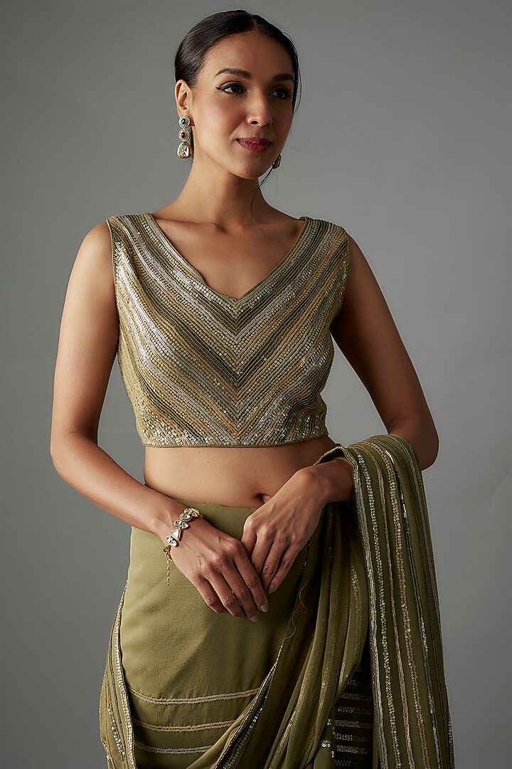 Olive Green Chiffon Sequins Embroidered Reception Saree Set by Nakul Sen at Pernia's Pop Up Shop