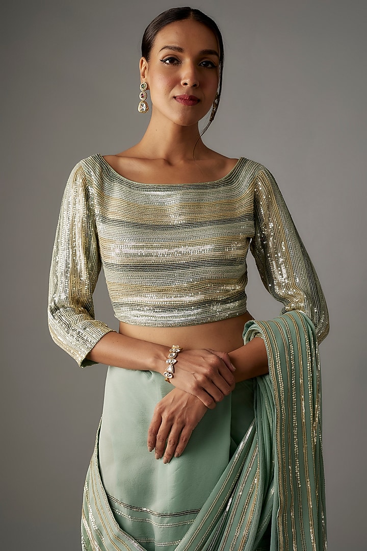 Porcelain Blue Chiffon Sequins Embroidered Reception Saree Set by Nakul Sen at Pernia's Pop Up Shop
