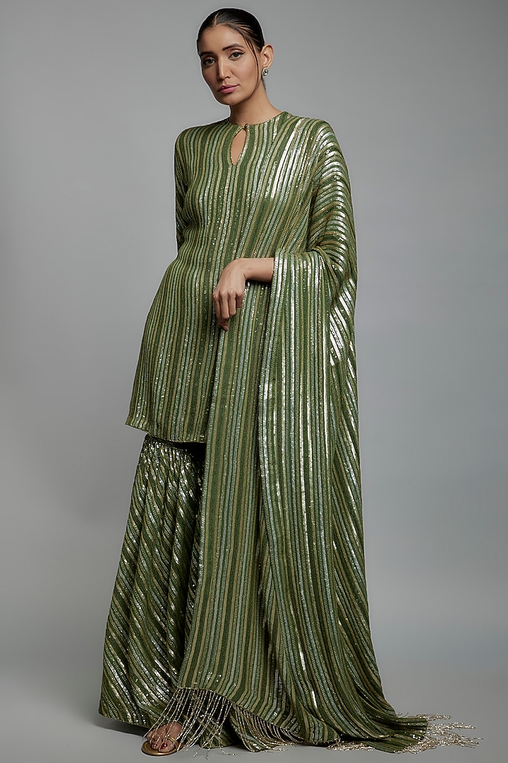 Basil Green Chiffon Sequins Embroidered Bridal Sharara Set by Nakul Sen at Pernia's Pop Up Shop