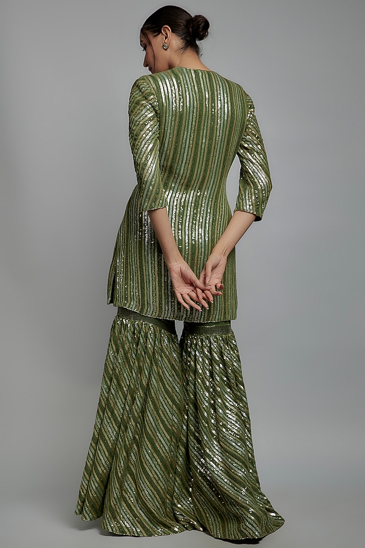 Basil Green Chiffon Sequins Embroidered Bridal Sharara Set by Nakul Sen at Pernia's Pop Up Shop