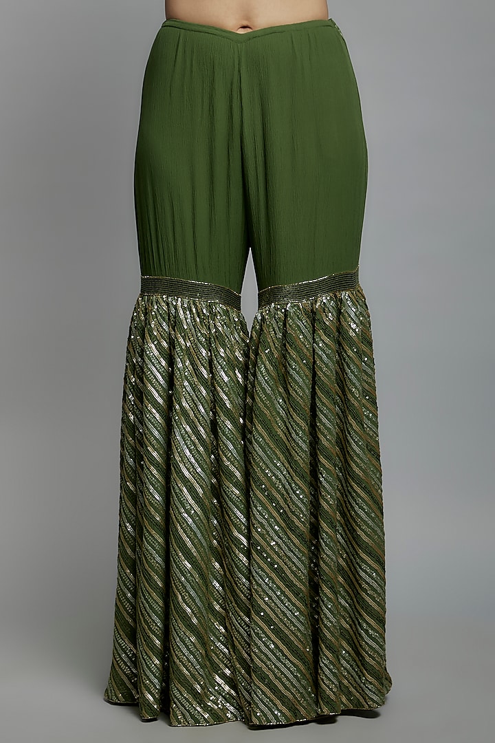 Basil Green Chiffon Sequins Embroidered Bridal Sharara Set by Nakul Sen at Pernia's Pop Up Shop