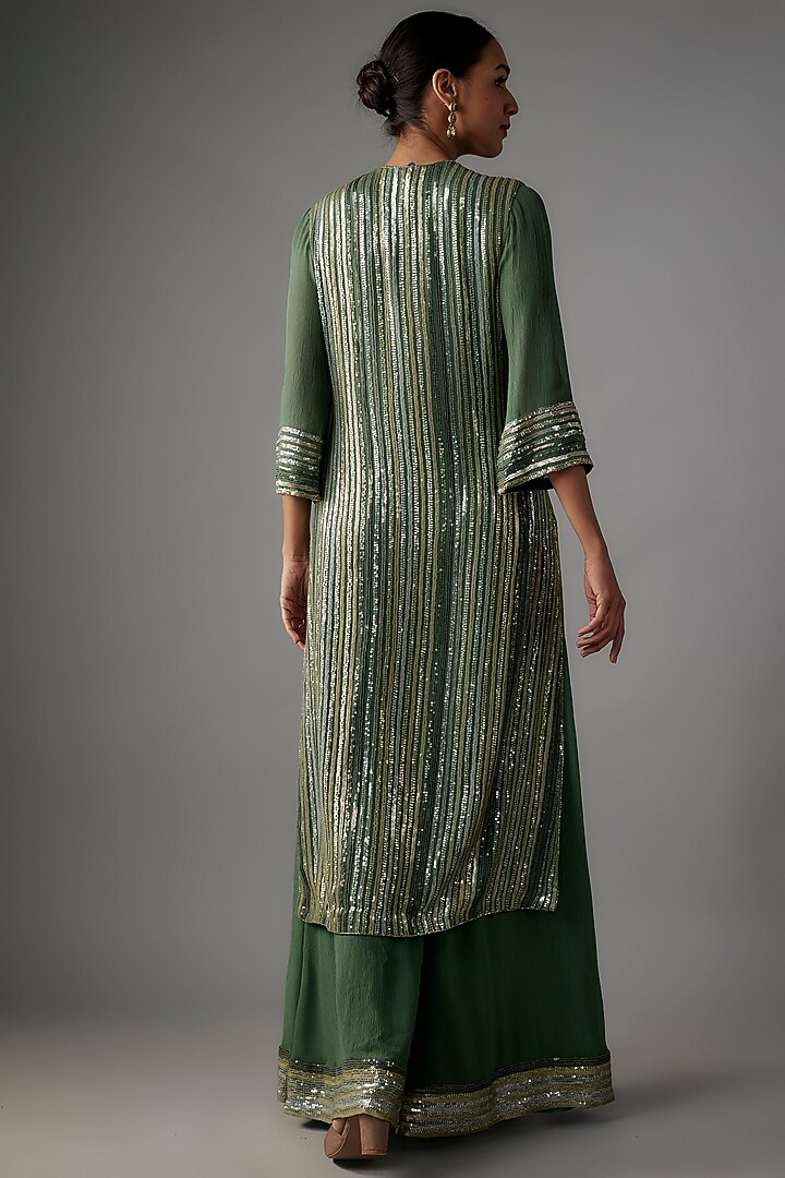 Forest Green Chiffon Sequins Embroidered Kurta Set by Nakul Sen at Pernia's Pop Up Shop