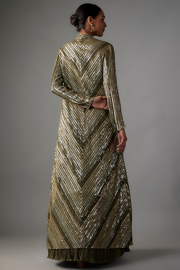 Army Green Chiffon Sequins Embroidered Jacket Set by Nakul Sen at Pernia's Pop Up Shop