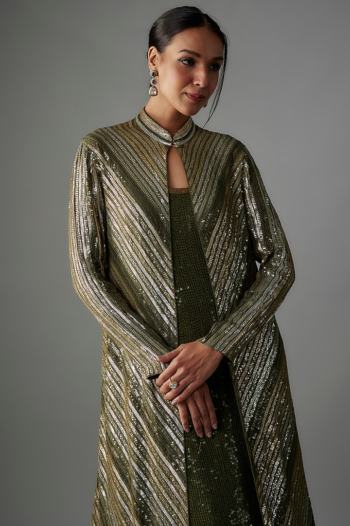 Army Green Chiffon Sequins Embroidered Jacket Set by Nakul Sen at Pernia's Pop Up Shop