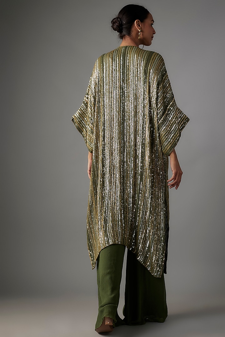Basil Green Chiffon Sequins Embroidered Kurta Set by Nakul Sen at Pernia's Pop Up Shop