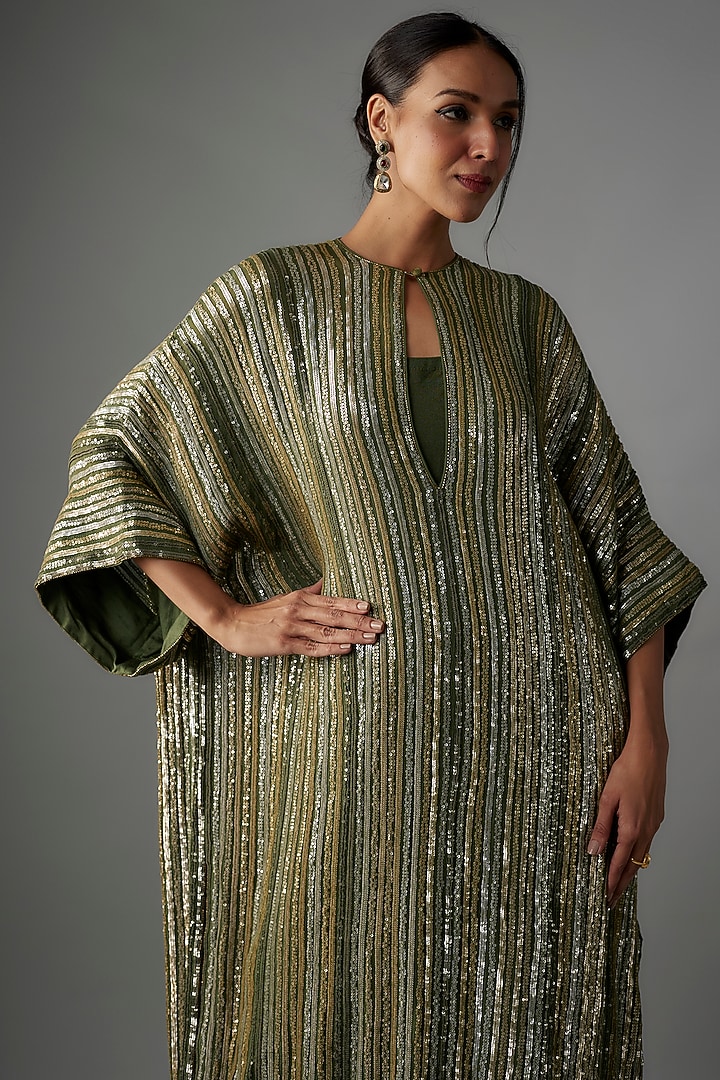 Basil Green Chiffon Sequins Embroidered Kurta Set by Nakul Sen at Pernia's Pop Up Shop