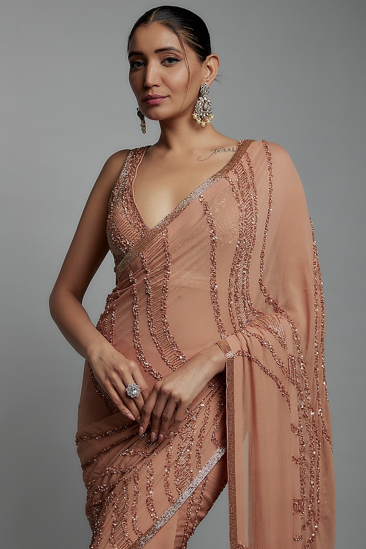 Kadambari Pink Chiffon Sequins Embroidered Reception Saree Set by Nakul Sen at Pernia's Pop Up Shop