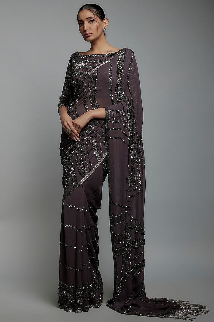 Charcoal Chiffon Sequins Embroidered Reception Saree Set by Nakul Sen at Pernia's Pop Up Shop