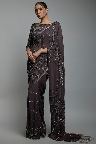 Charcoal Chiffon Sequins Embroidered Saree Set by Nakul Sen