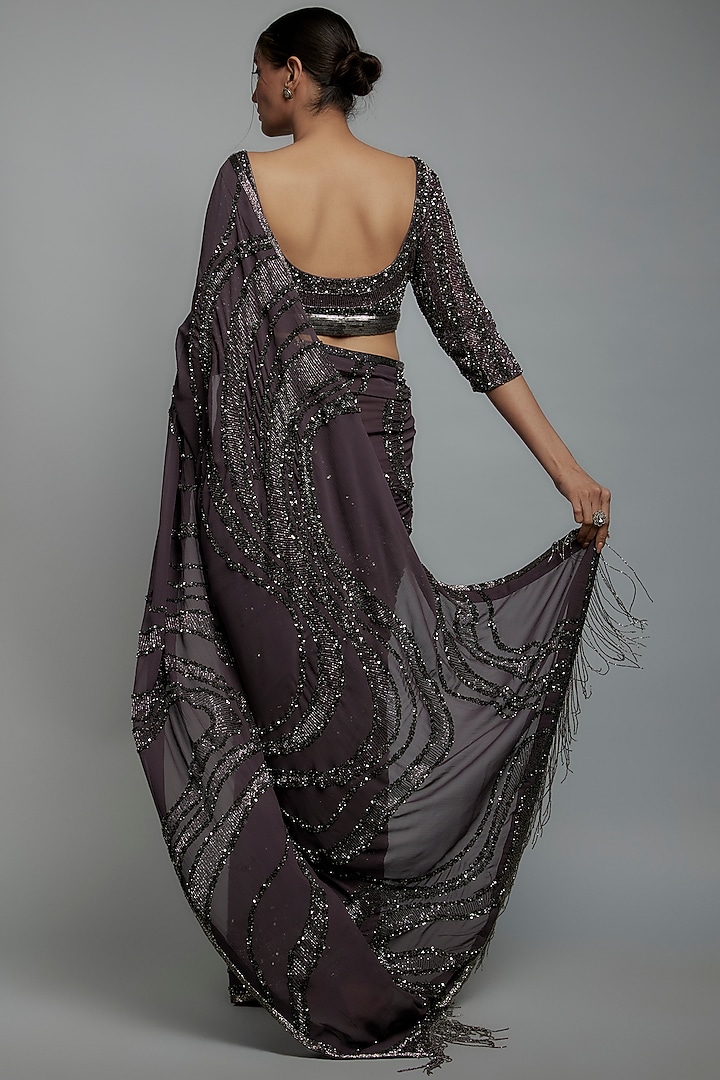 Charcoal Chiffon Sequins Embroidered Reception Saree Set by Nakul Sen at Pernia's Pop Up Shop