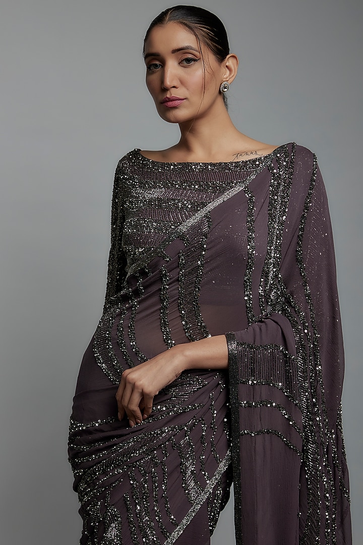 Charcoal Chiffon Sequins Embroidered Reception Saree Set by Nakul Sen at Pernia's Pop Up Shop