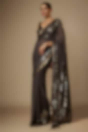Charcoal Chiffon Sequins Embroidered Reception Saree Set by Nakul Sen at Pernia's Pop Up Shop