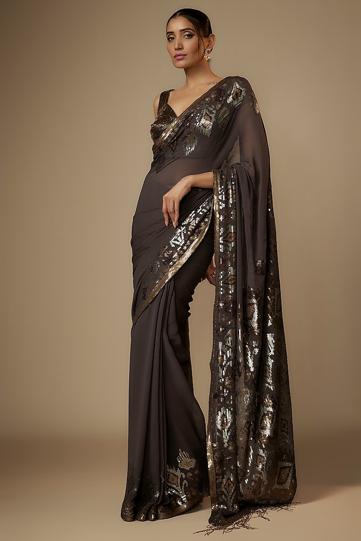 Charcoal Chiffon Sequins Embroidered Reception Saree Set by Nakul Sen at Pernia's Pop Up Shop