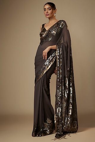 Charcoal Chiffon Sequins Embroidered Saree Set by Nakul Sen